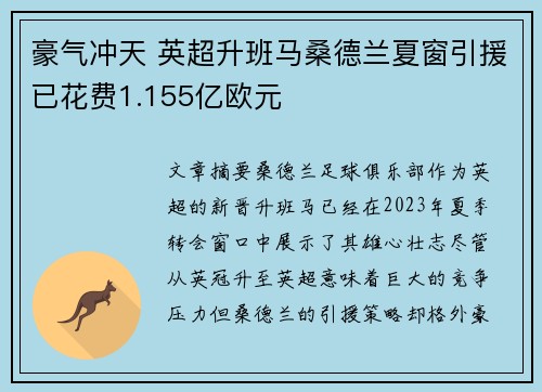 豪气冲天 英超升班马桑德兰夏窗引援已花费1.155亿欧元
