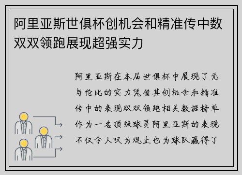 阿里亚斯世俱杯创机会和精准传中数双双领跑展现超强实力