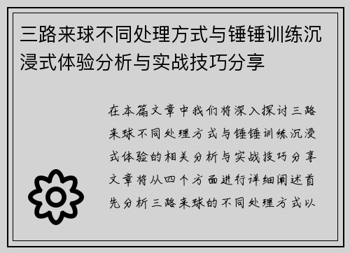 三路来球不同处理方式与锤锤训练沉浸式体验分析与实战技巧分享